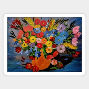 A beautiful bouquet of mixed flowers in a gold vase Sticker